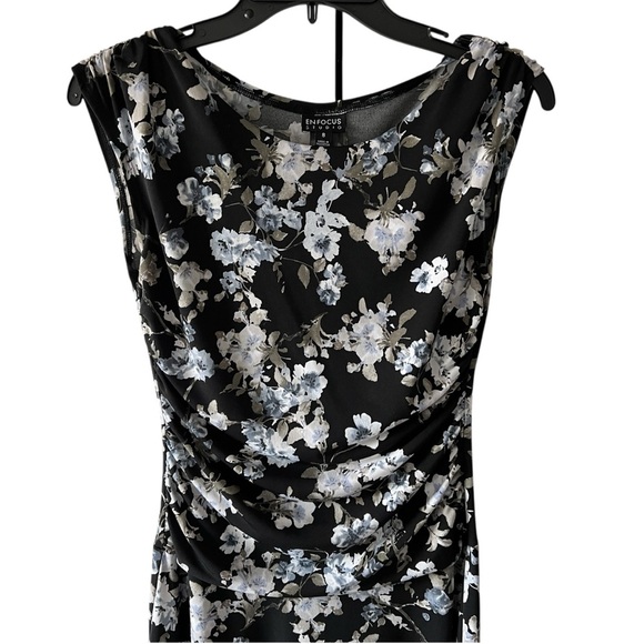 Vintage Floral Ruched Midi Dress Black Blue White Cap Sleeve 90s Cottagecore SM - Picture 2 of 9